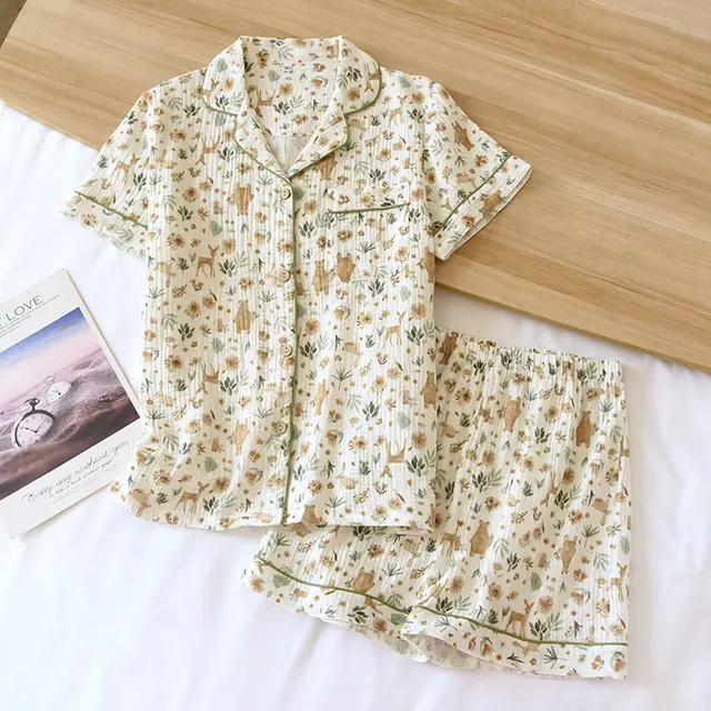 Short Sleeve Pajamas Women's Cotton Gauze Shorts Thin Forest Bear - Shop at LoveMi