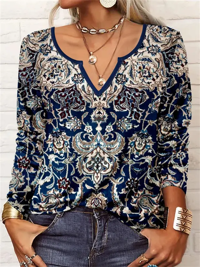 Spring Loose Long Sleeve Floral V neck T shirt Bottoming Shirt Dark Blue - Shop at LoveMi