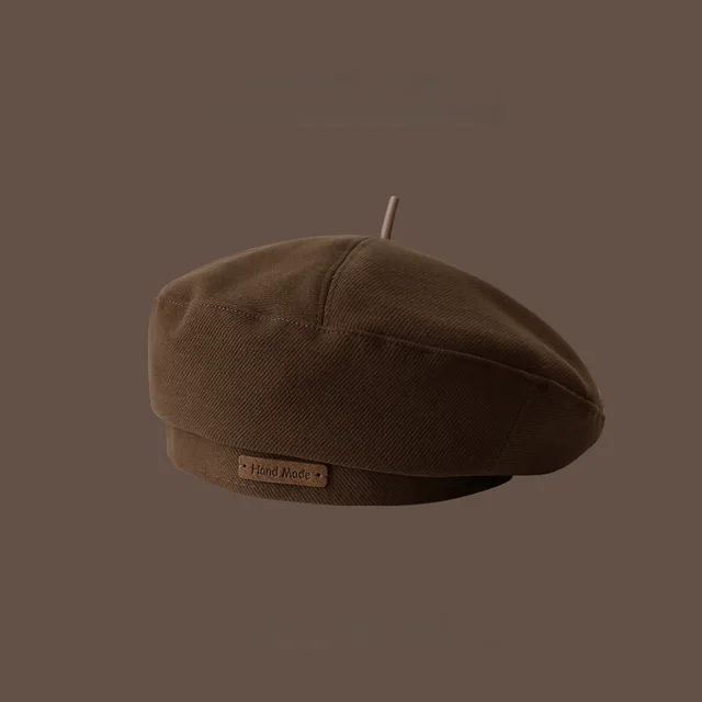 Brown Beret Women's Retro Elegant Hat Brownwoolen Leather Tag Beret - Shop at LoveMi