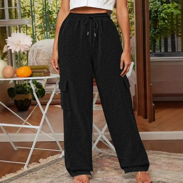 Loose Fashion Pocket Drawstring Women's Sweatpants Black - Shop at LoveMi