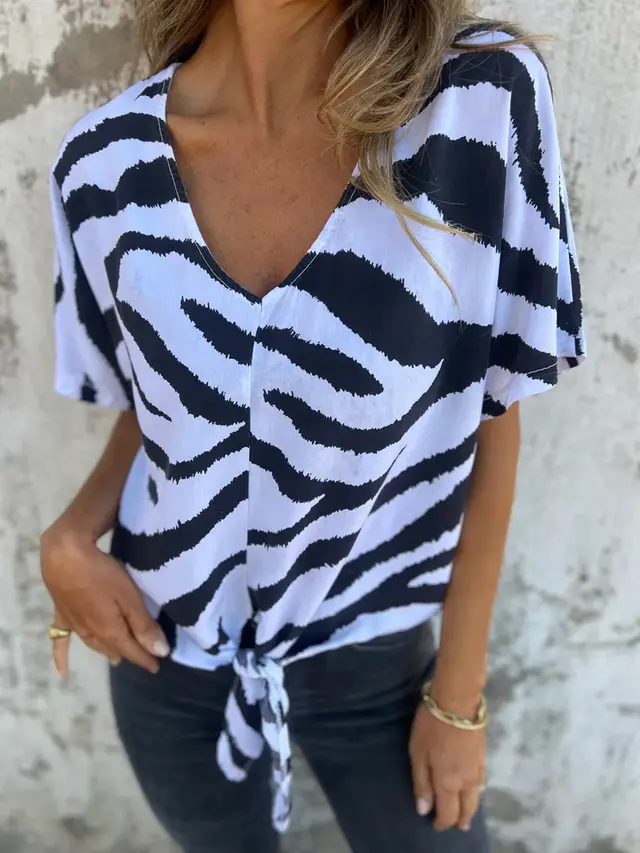 Women's V neck Print Lace up Zebra Pattern White - Shop at LoveMi