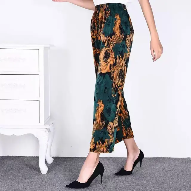 Ice Silk Wide leg Pants Middle aged And Elderly Loose Flower Pants Flowers Bloom And Wealth - Shop at LoveMi