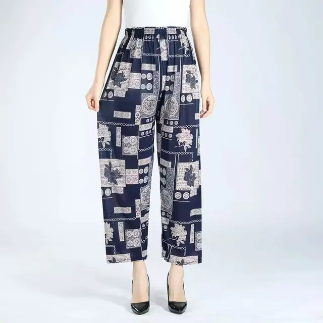 Ice Silk Wide leg Pants Middle aged And Elderly Loose Flower Pants Gray Puzzle - Shop at LoveMi