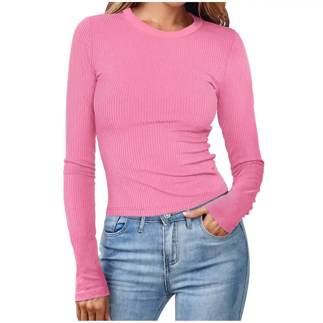 Spring New Women's European And American Round Neck Long Sleeve Sunken Stripe Short Solid Color Top T shirt For Women Pink - Shop at LoveMi