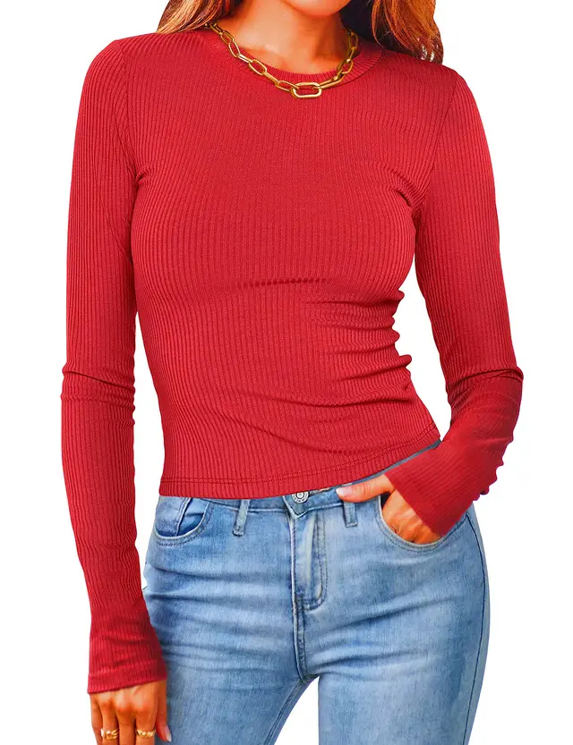 Spring New Women's European And American Round Neck Long Sleeve Sunken Stripe Short Solid Color Top T shirt For Women Red - Shop at LoveMi