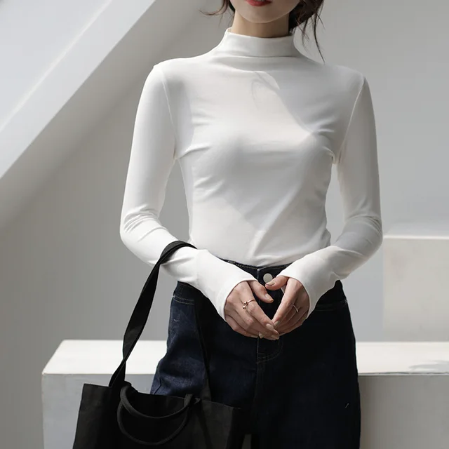 Half Turtleneck Solid Color Inner Wear Slim Fit Long sleeved T shirt Women Cloud White - Shop at LoveMi