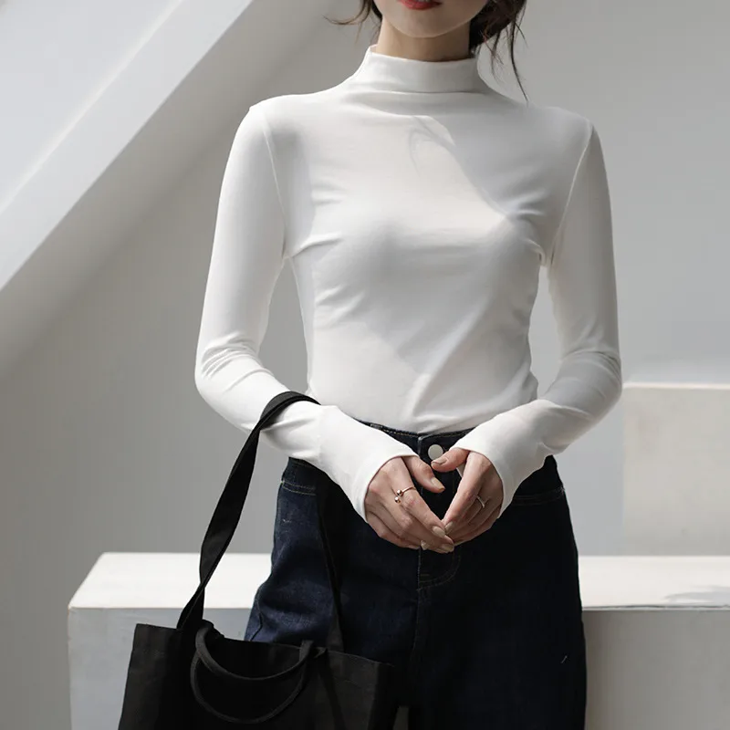 Half Turtleneck Solid Color Inner Wear Slim Fit Long sleeved T shirt Women White - Shop at LoveMi