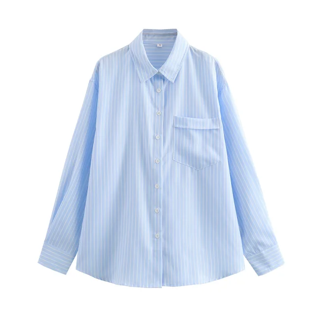 Four color Striped Single mouth Pocket Decoration Loose Women's Shirt Blue - Shop at LoveMi