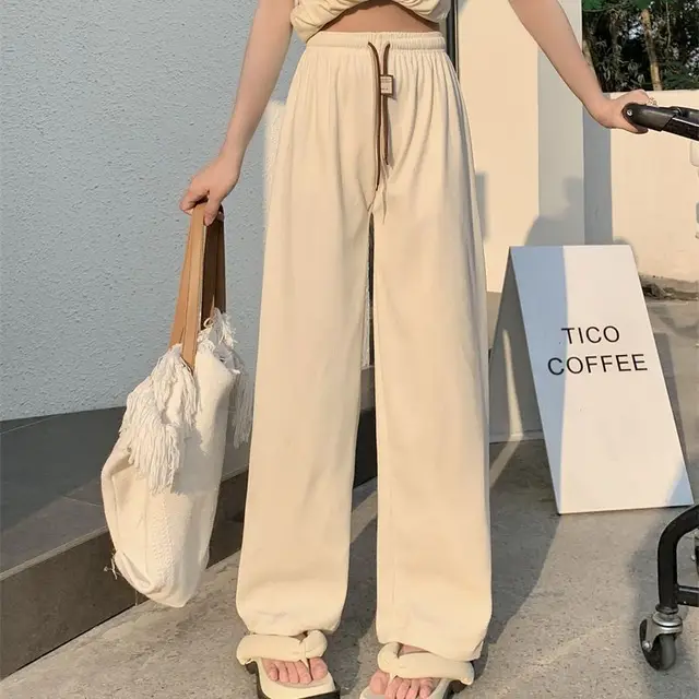 Corduroy Double Drawstring Wide Leg Pants High Waist Casual Straight Pants Beige - Shop at LoveMi