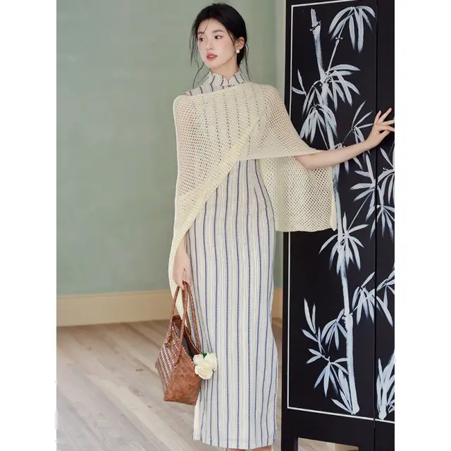 Improved Cheongsam Long Striped Dress Suit - Shop at LoveMi
