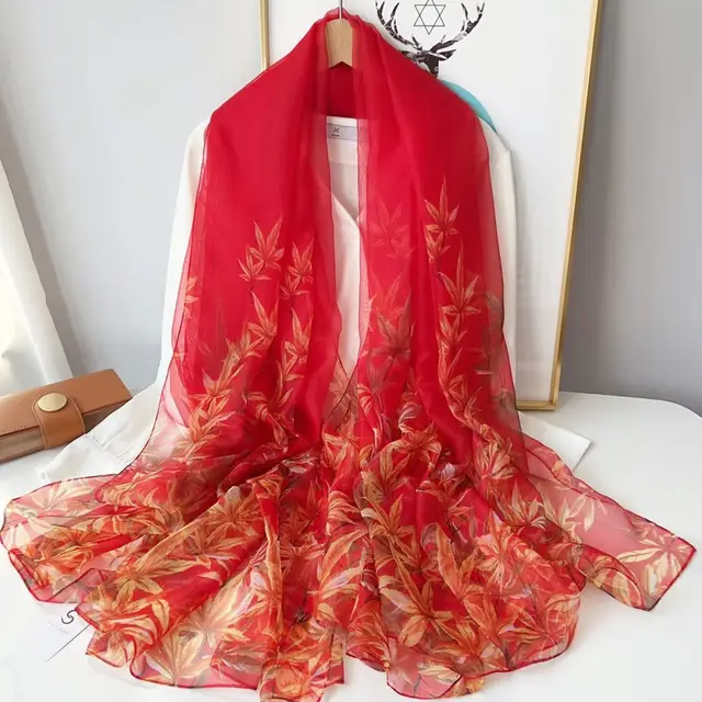 Fashionable Stylish Yourou Yarn Rose Scarf For Women Fallen Leaves Autumn Red - Shop at LoveMi