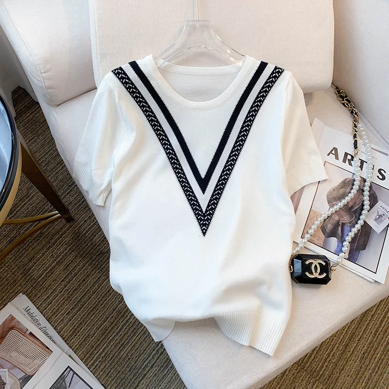 Striped T shirt Contrast Color Jacquard Loose fitting Sweater White - Shop at LoveMi