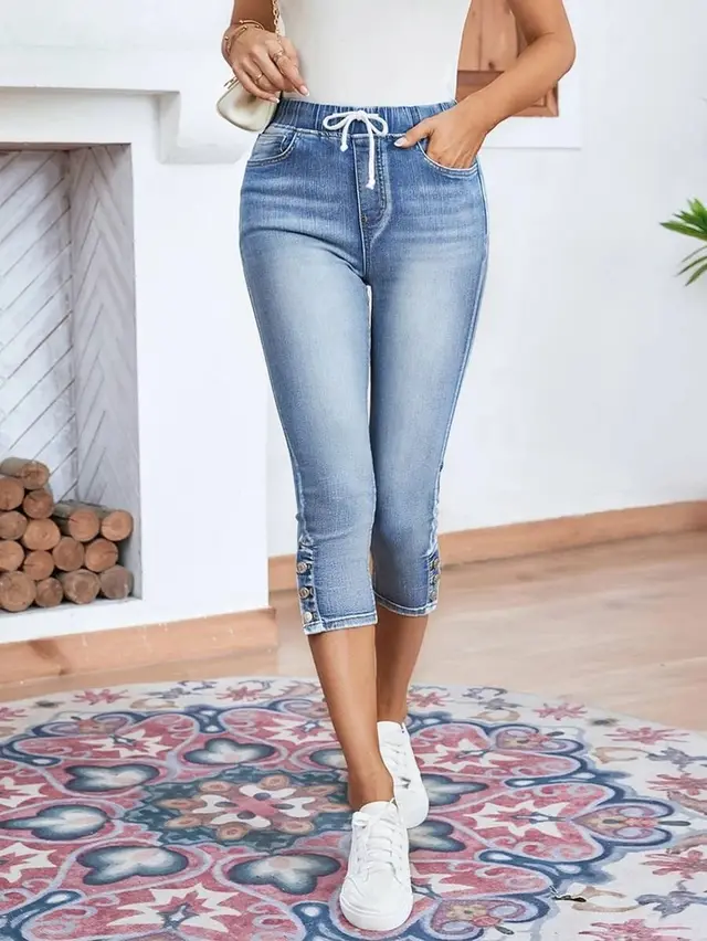 Elastic Waistband Lace up Stretch Jeans For Women Light Blue - Shop at LoveMi