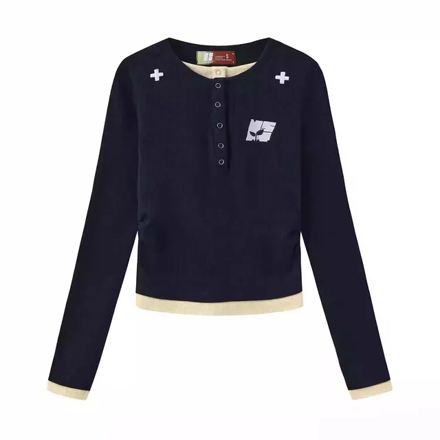 Women's Embroidered Fake Two piece Long sleeved T shirt Nave Blue - Shop at LoveMi