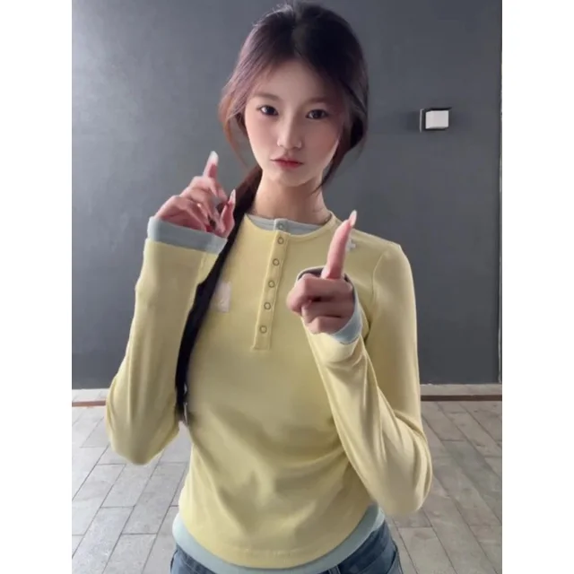 Women's Embroidered Fake Two piece Long sleeved T shirt Yellow - Shop at LoveMi