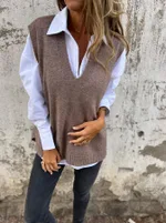 Women's V-neck Knitted Sweater Vest - Gray Brown