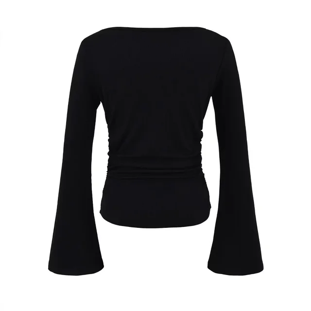 Bell Sleeve Women's Boat Neck Pleated Long Sleeve Top Black - Shop at LoveMi