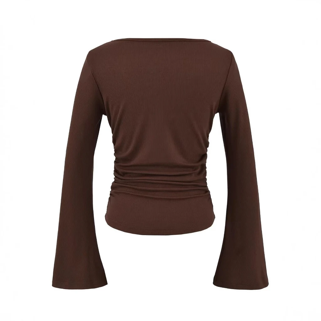 Bell Sleeve Women's Boat Neck Pleated Long Sleeve Top - Brown