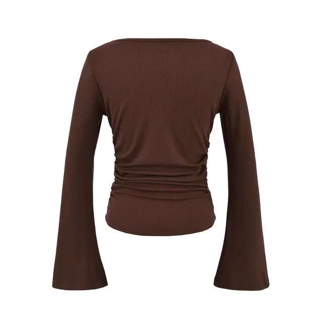Bell Sleeve Women's Boat Neck Pleated Long Sleeve Top Brown - Shop at LoveMi