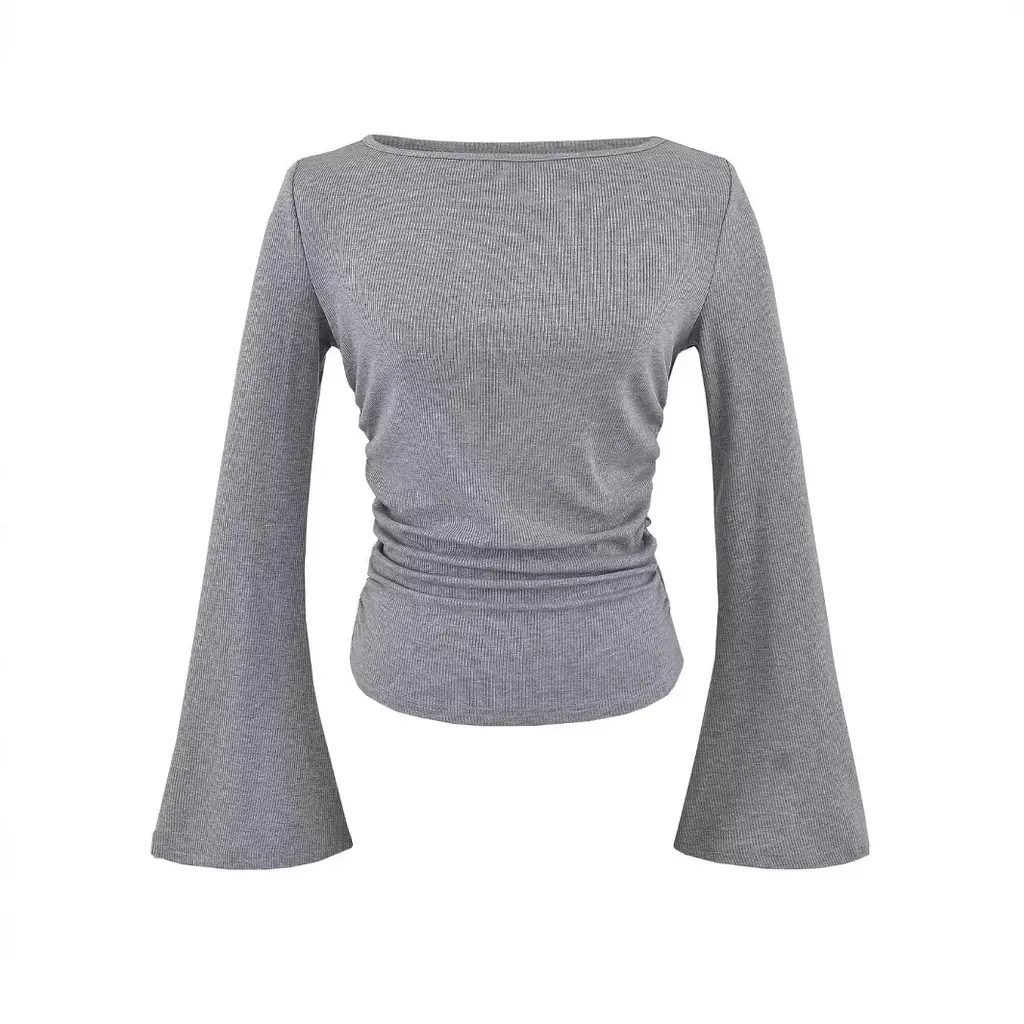 Bell Sleeve Women's Boat Neck Pleated Long Sleeve Top - Gray