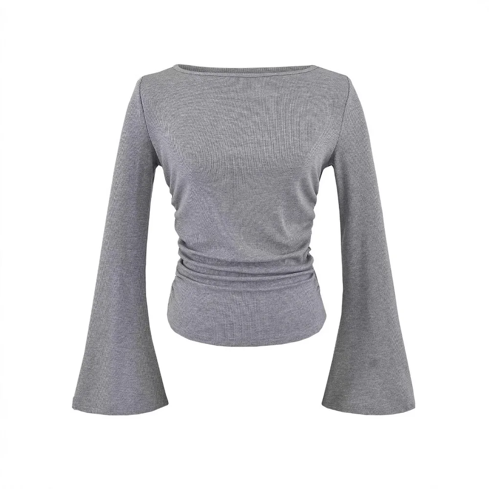 Bell Sleeve Women's Boat Neck Pleated Long Sleeve Top - Grey