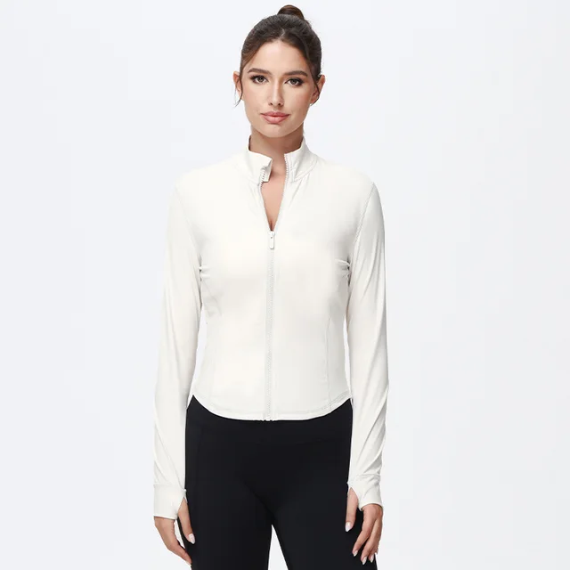 Yoga Coat Stand Collar Jacket Top Sports Slim fitting Milky White - Shop at LoveMi