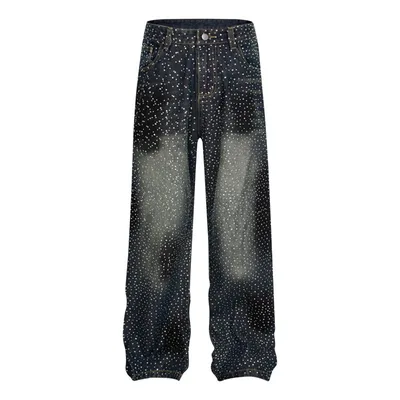 Special interest Design Pants Rhinestone Loose Straight Wide Leg Casual Jeans Blue - Shop at LoveMi