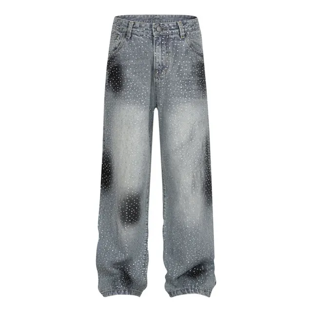Special interest Design Pants Rhinestone Loose Straight Wide Leg Casual Jeans Light Blue - Shop at LoveMi