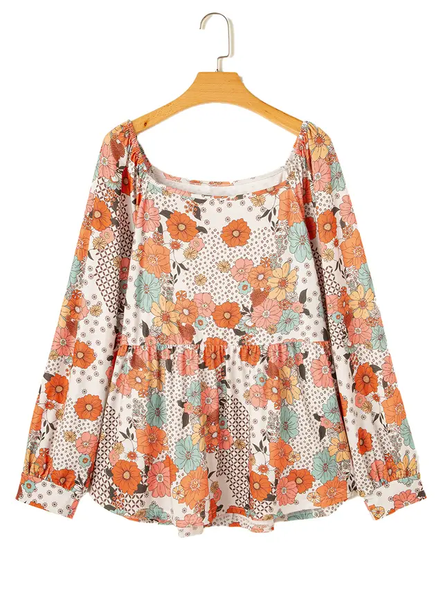 Women's Casual Loose Floral Printed Square Collar Chiffon Shirt Khaki - Shop at LoveMi
