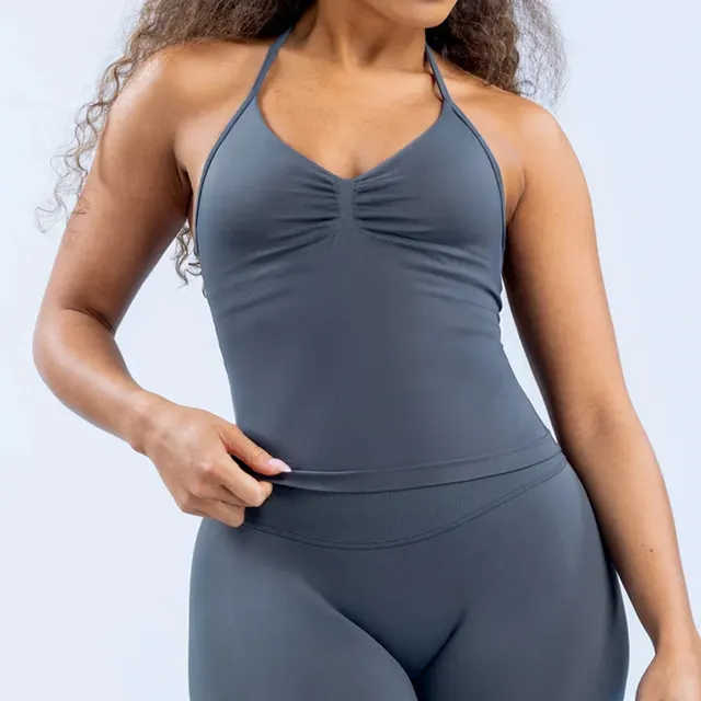 High Elastic Matte Nylon Seamless Sports Vest Top Blue Gray - Shop at LoveMi