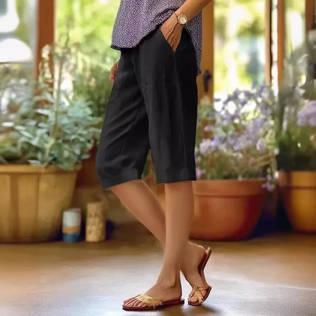 Women's Cotton And Linen Loose Elastic Waist With Pocket Straight leg Pants Black - Shop at LoveMi