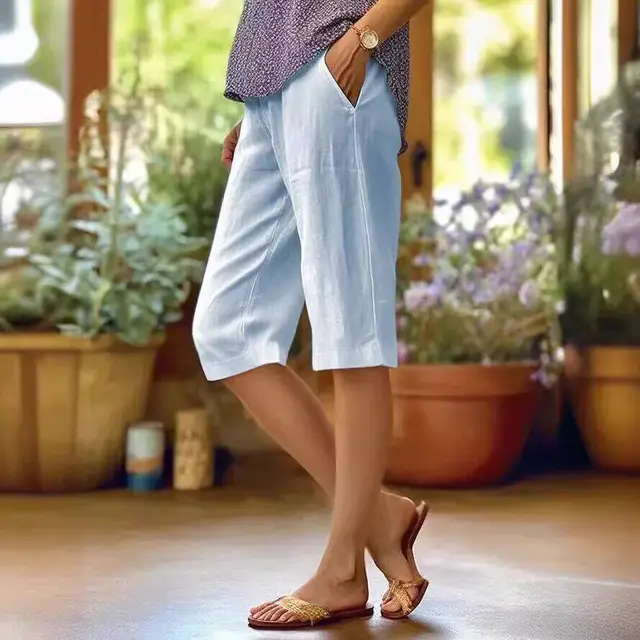 Women's Cotton And Linen Loose Elastic Waist With Pocket Straight leg Pants Sky Blue - Shop at LoveMi