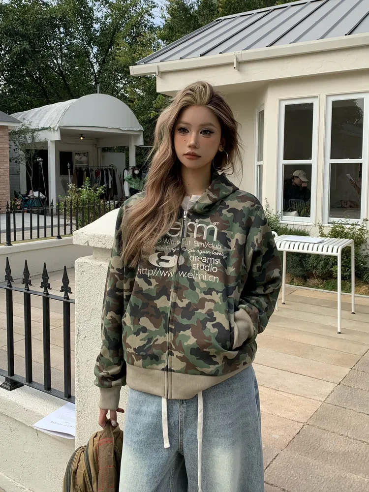 Women's Cardigan Retro Alphabet Camouflage Hooded Short Sweater Jacket Camouflage L - Shop at LoveMi