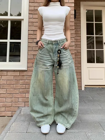 Retro Style Sickle Jeans Women's Loose Casual Wide leg Pants Blue - Shop at LoveMi
