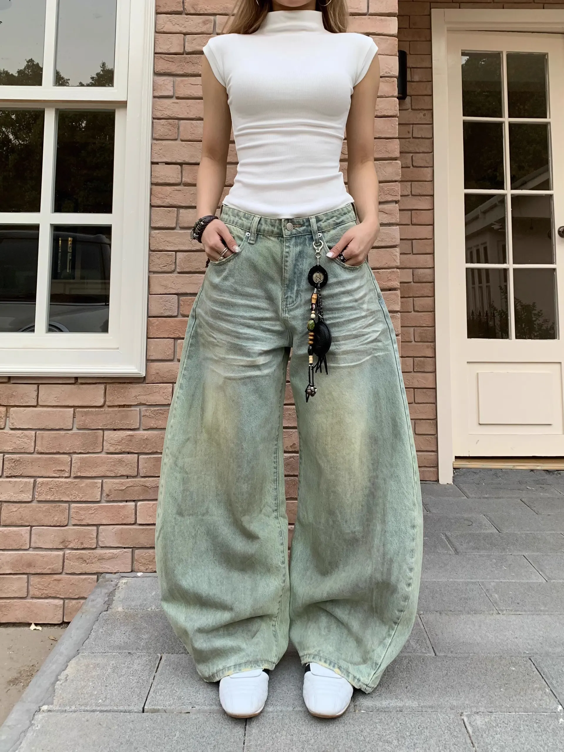 Retro Style Sickle Jeans Women's Loose Casual Wide-leg Pants - Blue