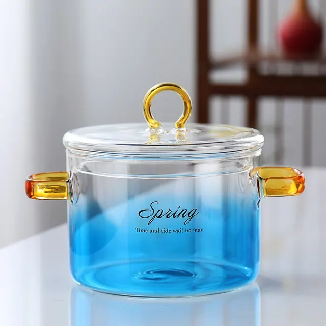 Borosilicate Glass Pot Household Heating Binaural 1500Ml Gradient Blue Glass Pot - Shop at LoveMi