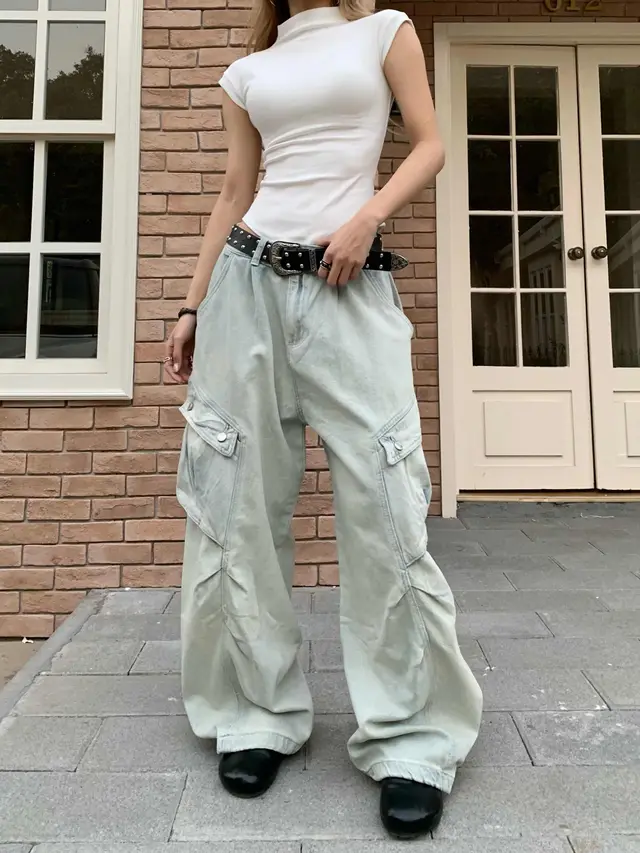 Retro Workwear Large Pocket Jeans Loose Straight Wide Leg Pants Light Blue - Shop at LoveMi