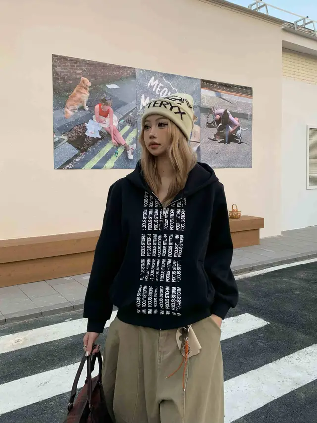 Letter Print Loose Couple Hooded Sweater Coat Black - Shop at LoveMi