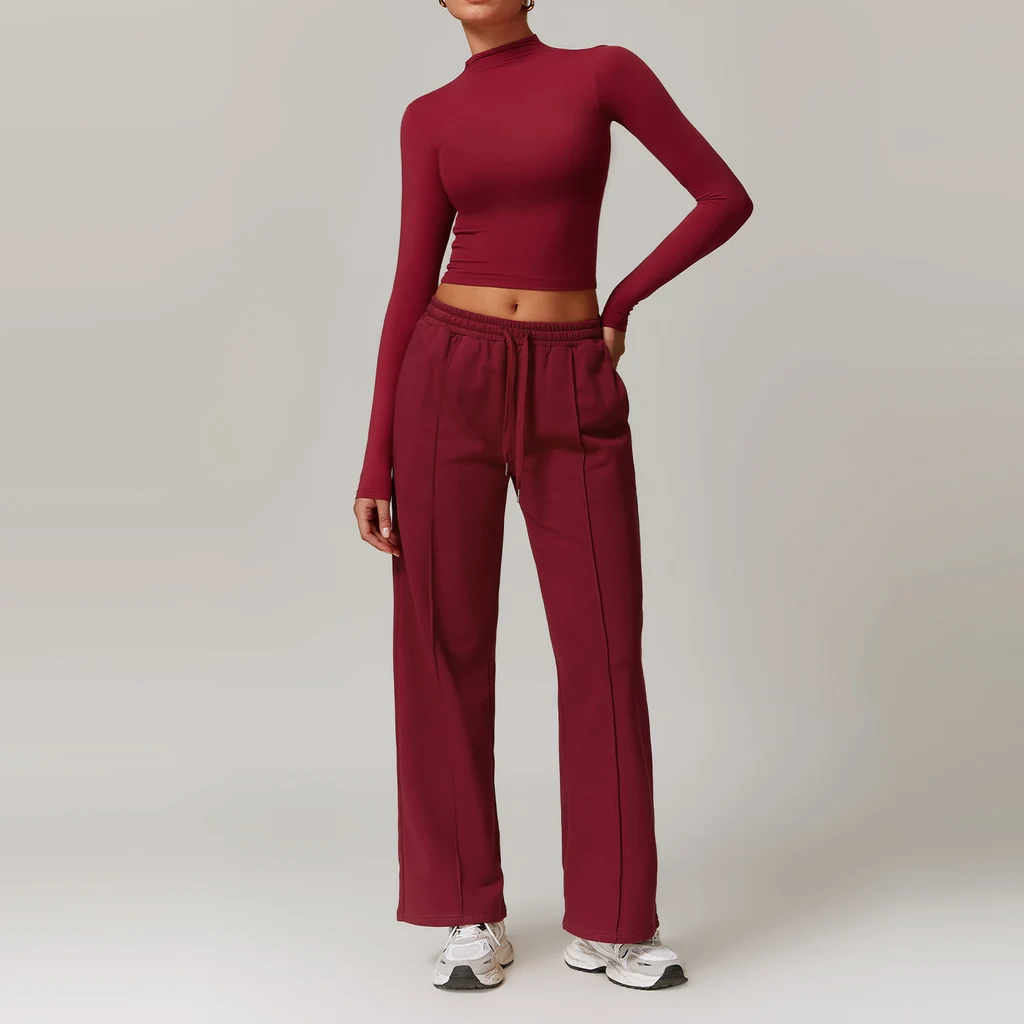 High Waist Wide Leg Slimming Long Sleeve Running Workout Comfort Suit - Long Sleeve Suit Cherry Red