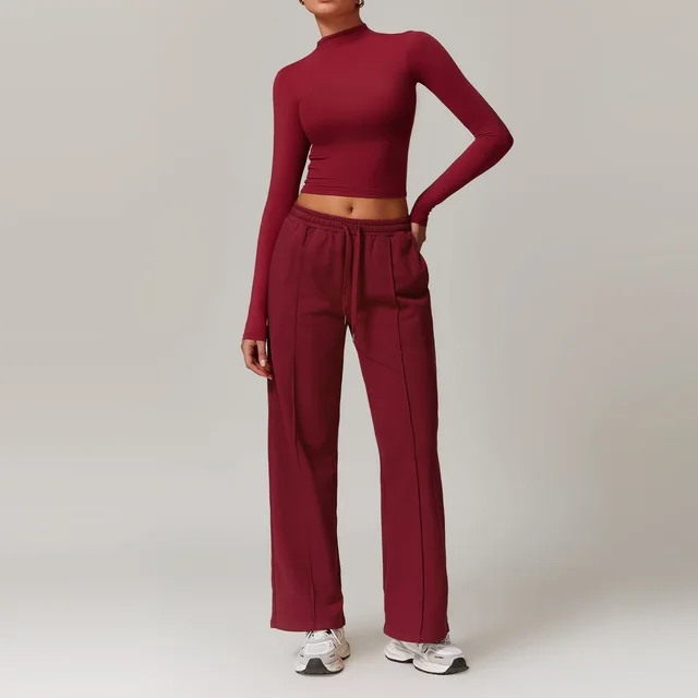 High Waist Wide Leg Slimming Long Sleeve Running Workout Comfort Suit Long Sleeve Suit Cherry Red - Shop at LoveMi