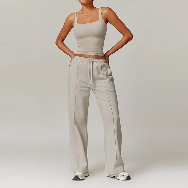 High Waist Wide Leg Slimming Long Sleeve Running Workout Comfort Suit Vest Suit Light Khaki - Shop at LoveMi