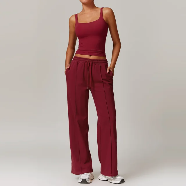High Waist Wide Leg Slimming Long Sleeve Running Workout Comfort Suit Vest Sweatpants Cherry Red - Shop at LoveMi