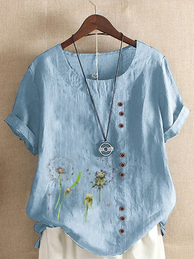 Artistic Retro Cotton And Linen Printed Casual Shirt Women's Top Blue - Shop at LoveMi