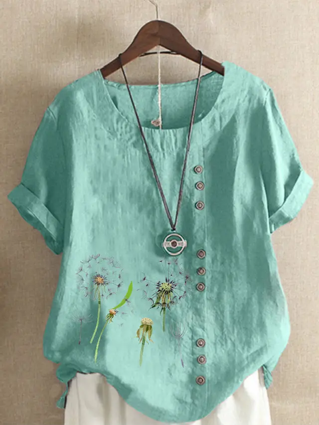 Artistic Retro Cotton And Linen Printed Casual Shirt Women's Top Lake Blue - Shop at LoveMi