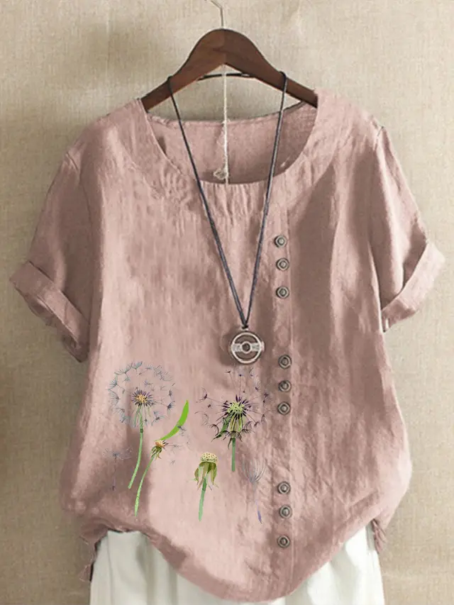 Artistic Retro Cotton And Linen Printed Casual Shirt Women's Top Pink - Shop at LoveMi