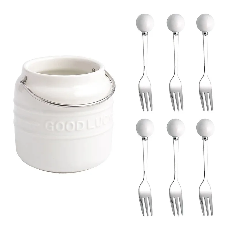 Fashion Fruit Dessert Fork Storage Tank Suit - White Can White Fork 6