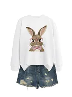 Brown Rabbit Bow Round Neck Sports Sweater - White Hoodie