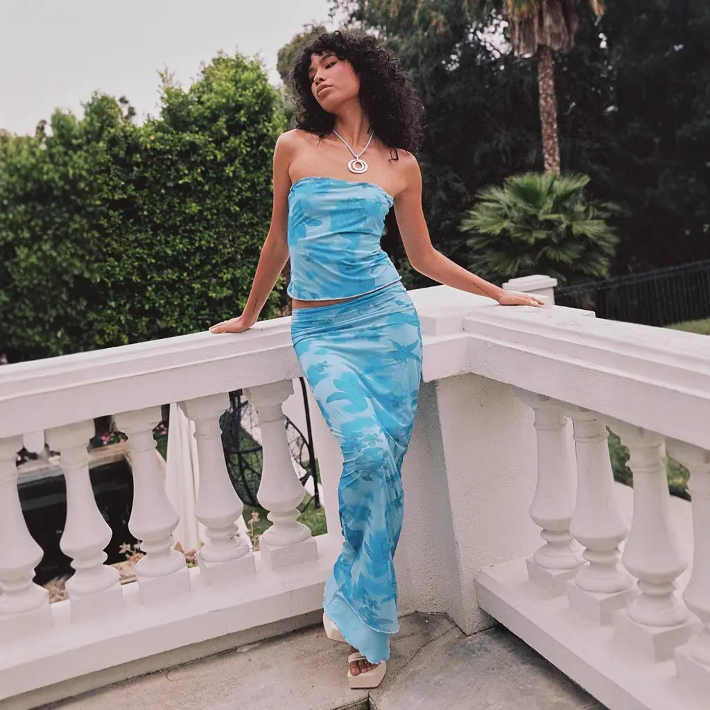 Printed Tube Top Skirt Two-piece Suit - Blue