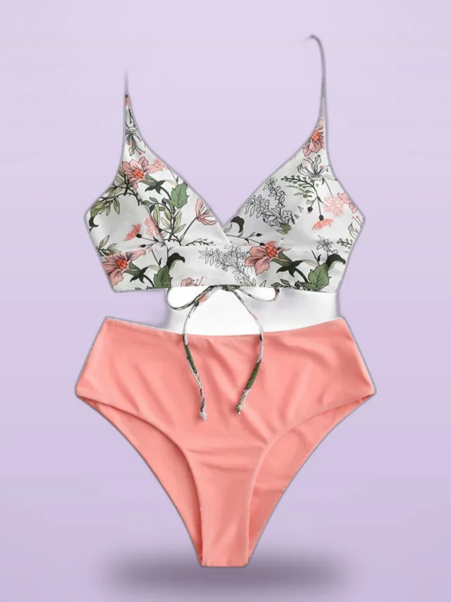 Lady Sexy Strap Leaf Printed Split Bikini Swimsuit Pink - Shop at LoveMi