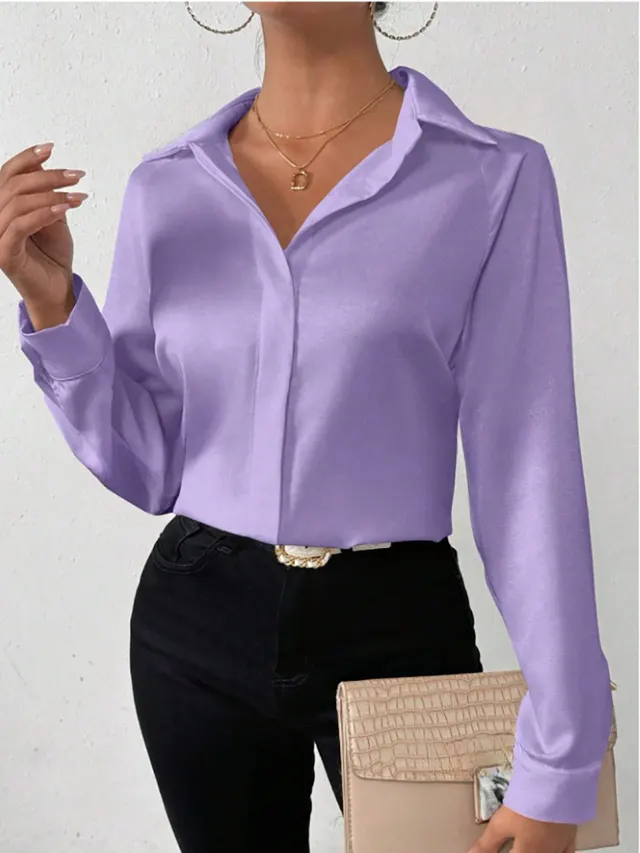 Women's Satin Silk like Long sleeved Shirt Dark Violet - Shop at LoveMi